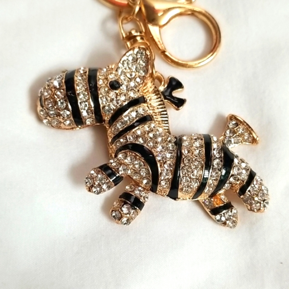 Zebra keychain Gold Color w/Clear Rhinestone/Crystals - Picture 2 of 4